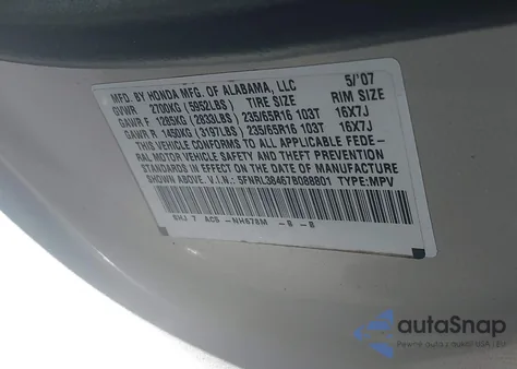 2007 Honda Odyssey Ex from USA, damaged, VIN 5FNRL38467B088801